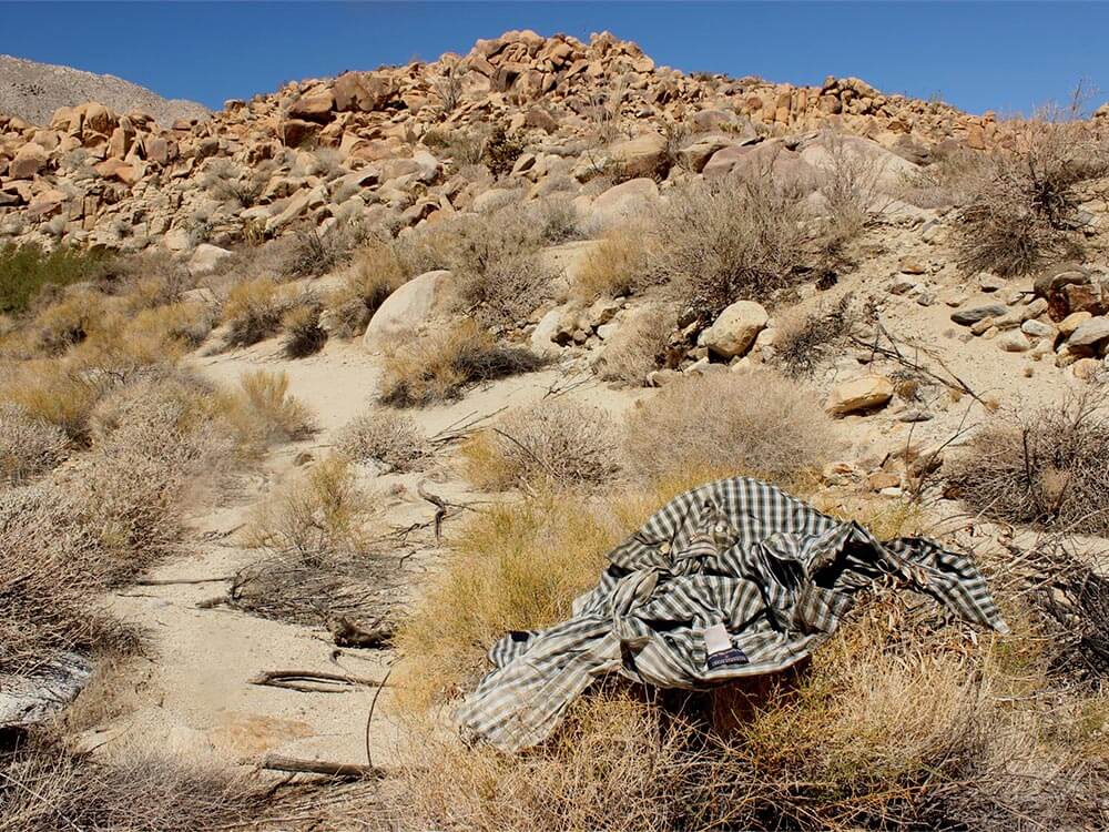 Sun-damaged shirt discarded in desert near U.S.-Mexico border.